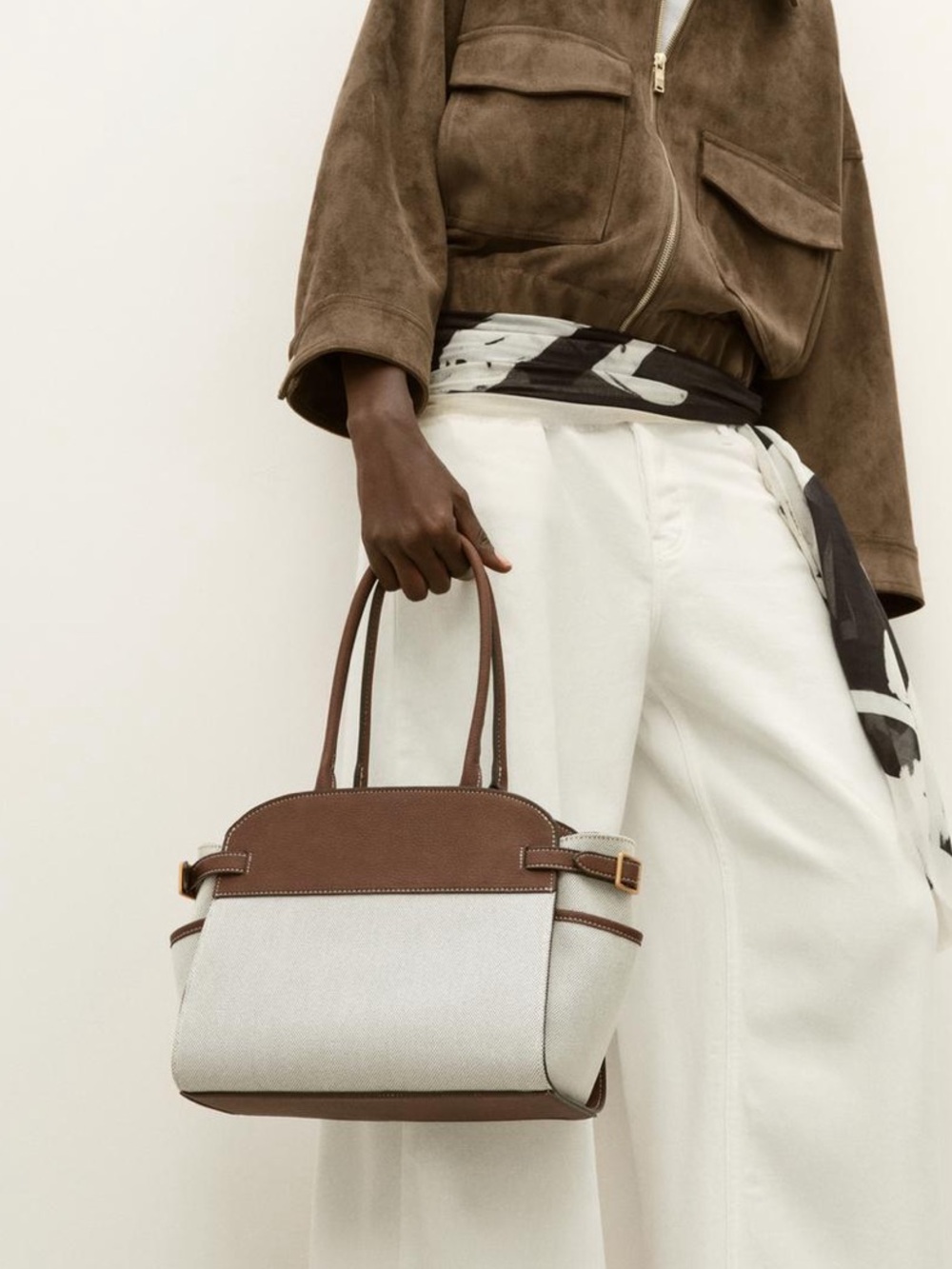 Zara Brown and Cream Dual-Tone Structured Tote